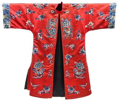 Lot 541 - An embroidered red satin chang-fu, Chinese, circa 1900