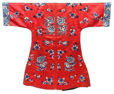Lot 541 - An embroidered red satin chang-fu, Chinese, circa 1900