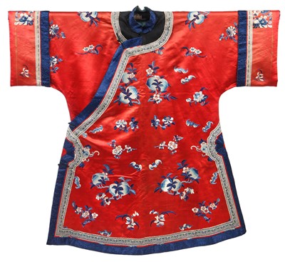 Lot 543 - An embroidered red satin chang-fu, Chinese, circa 1900