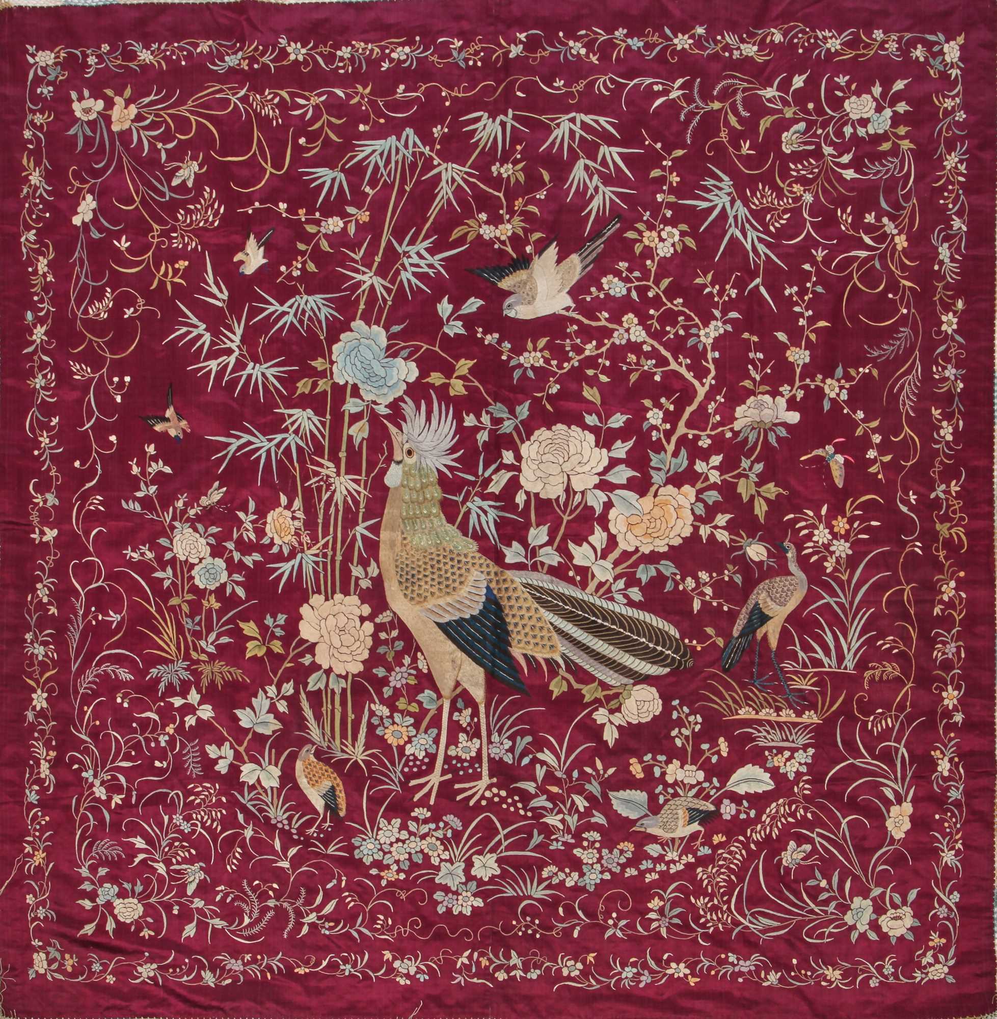 Lot 546 - A Cantonese embroidered dark purple satin panel, Chinese for the European market, 1900-1910s