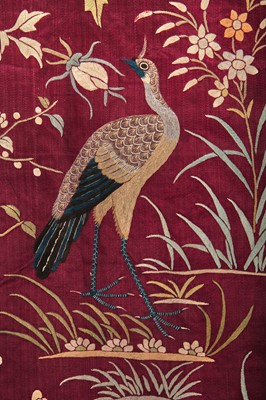 Lot 546 - A Cantonese embroidered dark purple satin panel, Chinese for the European market, 1900-1910s