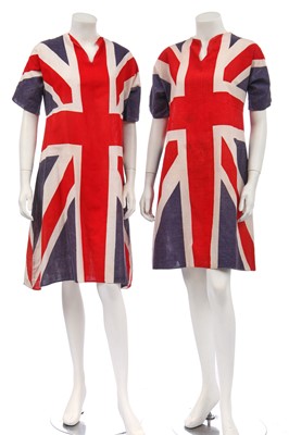 Lot 419 - Two tunics/dresses formed from Union Jack printed cotton, probably 1930s