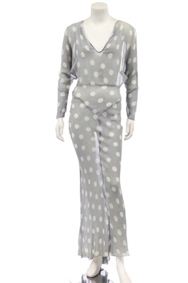 Lot 420 - A polka-dot blue-grey chiffon evening gown, 1930s