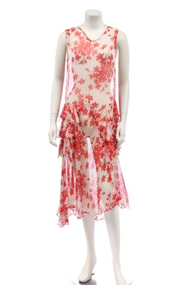 Lot 422 - A red and white floral printed chiffon garden party dress, early 1930s