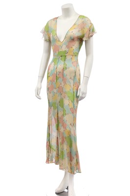 Lot 424 - A printed chiffon bias-cut garden party gown, 1930s