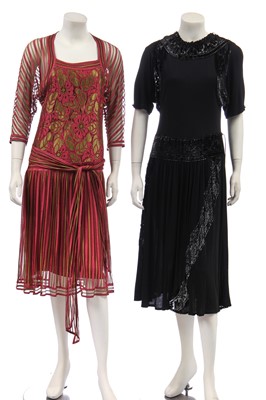 Lot 256 - A Lesley Sandra dress with devoré velvet sleeves and metallic leather yoke, 1970s