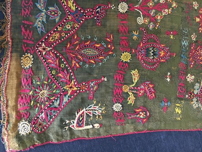 Lot 539 - An embroidered wool scarf, Zoroastrian, Yazd, Persia, 19th century