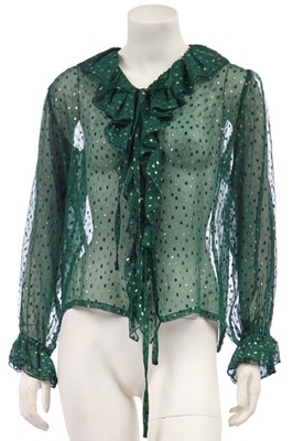 Lot 270 - An Yves Saint Laurent lamé-polka-dot green chiffon blouse, 'Russian' collection, Autumn-Winter 1976-77