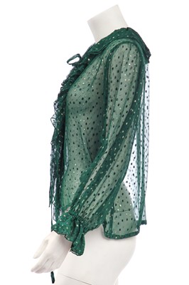 Lot 270 - An Yves Saint Laurent lamé-polka-dot green chiffon blouse, 'Russian' collection, Autumn-Winter 1976-77