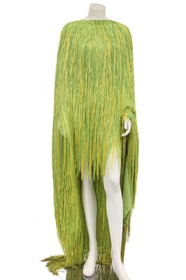 Lot 316 - A chartreuse and yellow fringed cocktail robe, probably 1960s