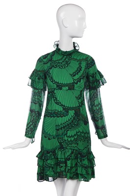 Lot 318 - A Thea Porter green muslin mini-dress with butterfly print by Shelia Hudson, 1971