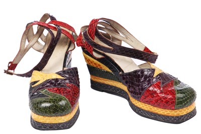 Lot 300 - A pair of Terry de Havilland snakeskin patchwork platform shoes, 1970s