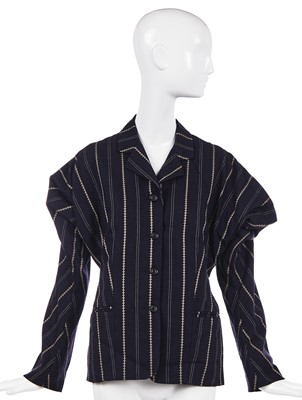 Lot 374 - A John Galliano striped navy wool jacket, 'The Rose' collection, Autumn-Winter 1987-88