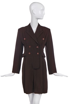 Lot 383 - A John Galliano brown gabardine double-breasted playsuit, 'Hairclips' collection, Autumn-Winter 1988-89