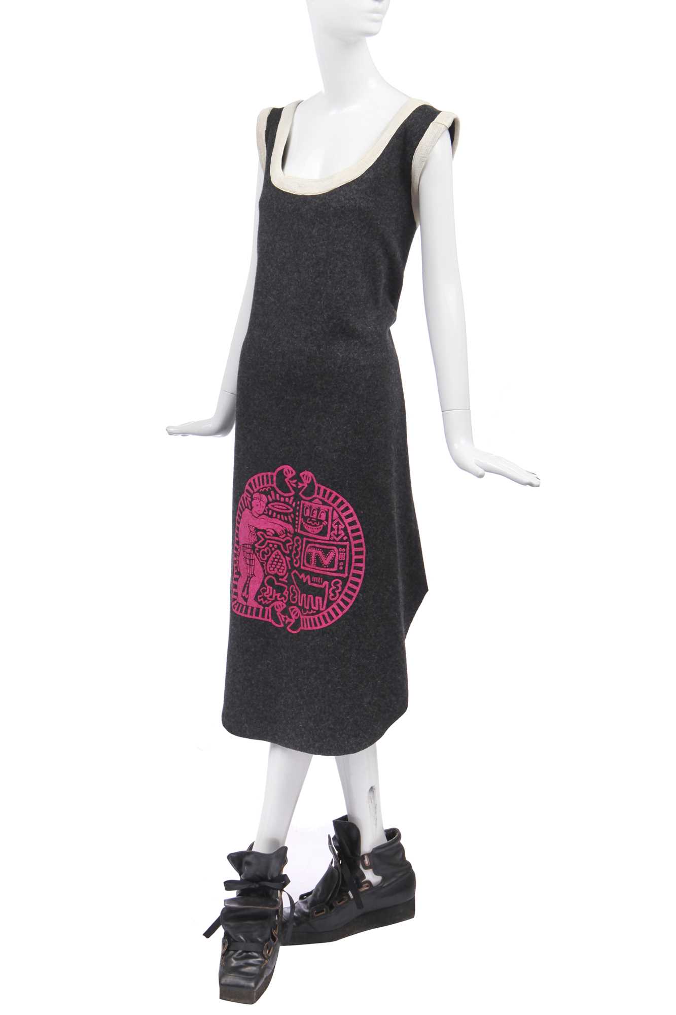 Click for high resolution Lot 19 - A rare Westwood/McLaren grey wool 'Koo' tunic and trainers, 'Witches' collection, Autumn-Winter, 1983-4