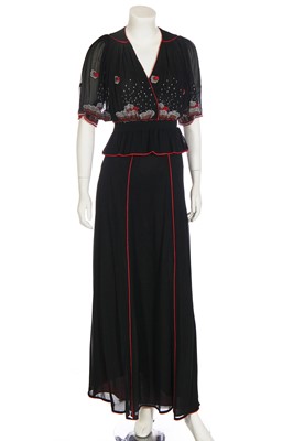 Lot 325 - A Janice Wainwright embroidered black chiffon ensemble, 1970s