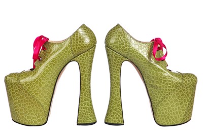 Lot 494 - A rare pair of autographed Vivienne Westwood green embossed leather Super-Elevated Gillies, 2000