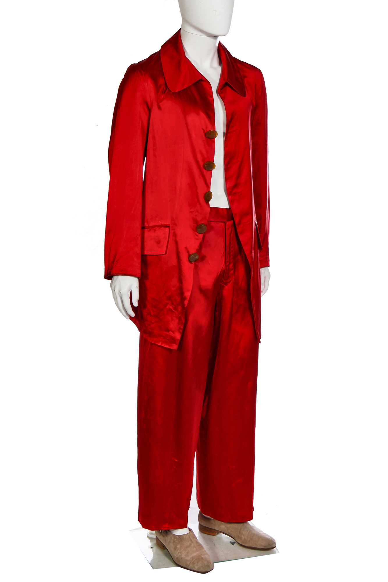 Lot 158 - A Vivienne Westwood men's scarlet satin trouser suit, 'Cut, Slash & Pull', Spring-Summer 1991