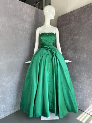 Lot 255 - A Christian Dior couture emerald-green satin ballgown, 'Soirée à Londres' model, 'Y' line, Autumn-Winter 1955-56