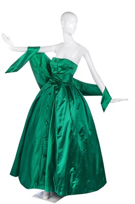 Lot 255 - A Christian Dior couture emerald-green satin ballgown, 'Soirée à Londres' model, 'Y' line, Autumn-Winter 1955-56