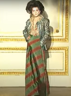 Lot 72 - A Vivienne Westwood red and green striped silk ensemble, 'Tied to the Mast' collection, Spring-Summer 1998