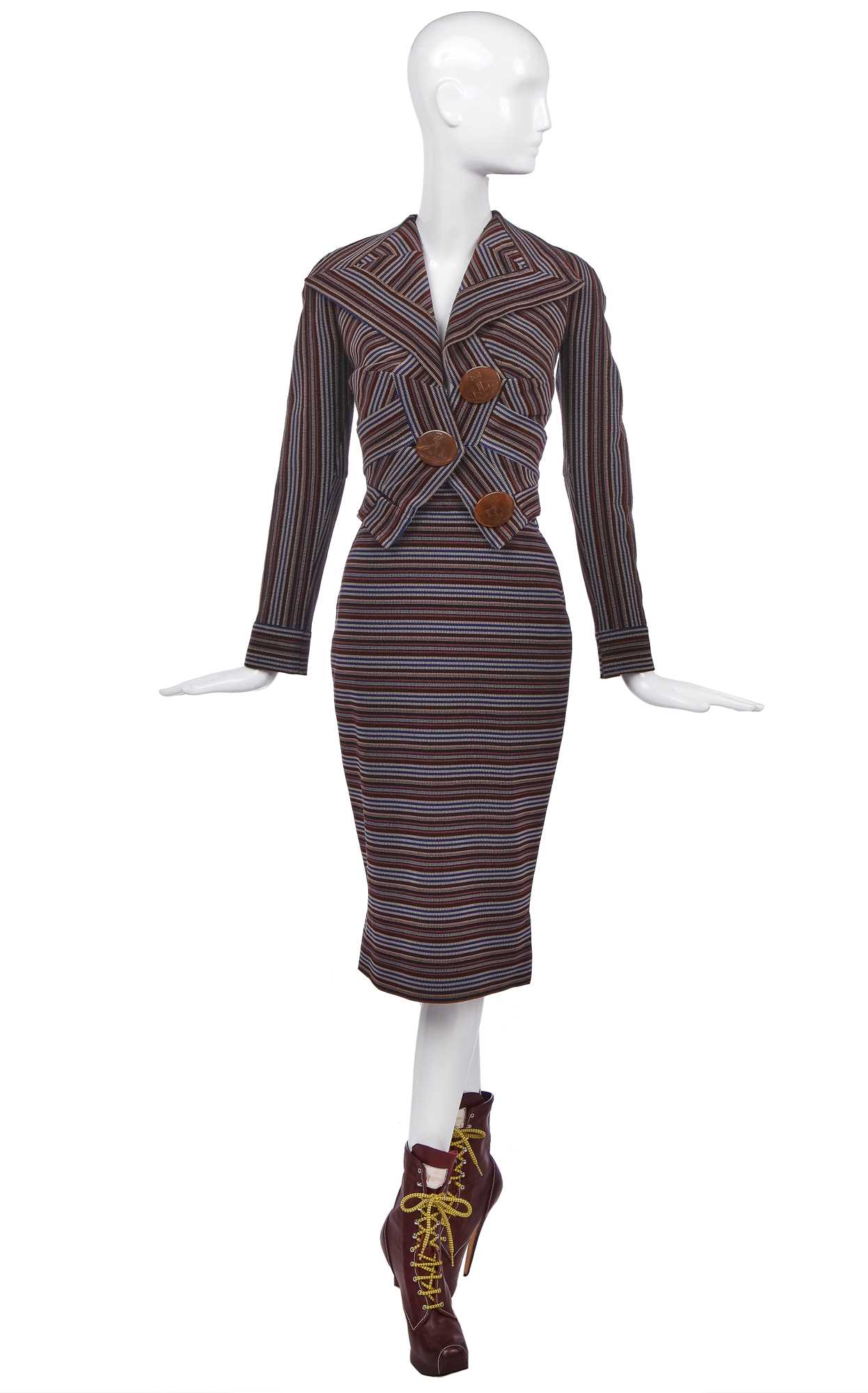 Click for high resolution Lot 71 - A Vivienne Westwood striped and ribbed wool suit, 'Dressed to Scale' collection, Autumn-Winter 1998-99