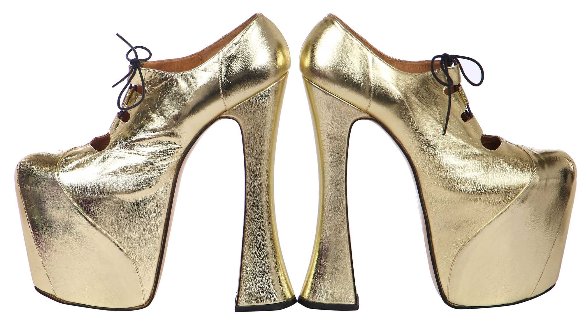 Click for high resolution Lot 74 - A pair of Vivienne Westwood gold-leather Super Elevated Ghillie platform shoes, 2001