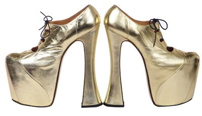 Lot 74 - A pair of Vivienne Westwood gold-leather Super Elevated Ghillie platform shoes, 2001