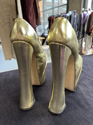 Lot 74 - A pair of Vivienne Westwood gold-leather Super Elevated Ghillie platform shoes, 2001