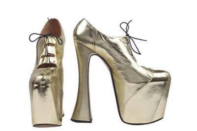 Lot 74 - A pair of Vivienne Westwood gold-leather Super Elevated Ghillie platform shoes, 2001