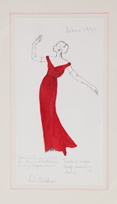 Lot 207 - A Victor Edelstein fashion sketch, of a scarlet velvet gown, designed for Diana, Princess of Wales, Autumn, 1990
