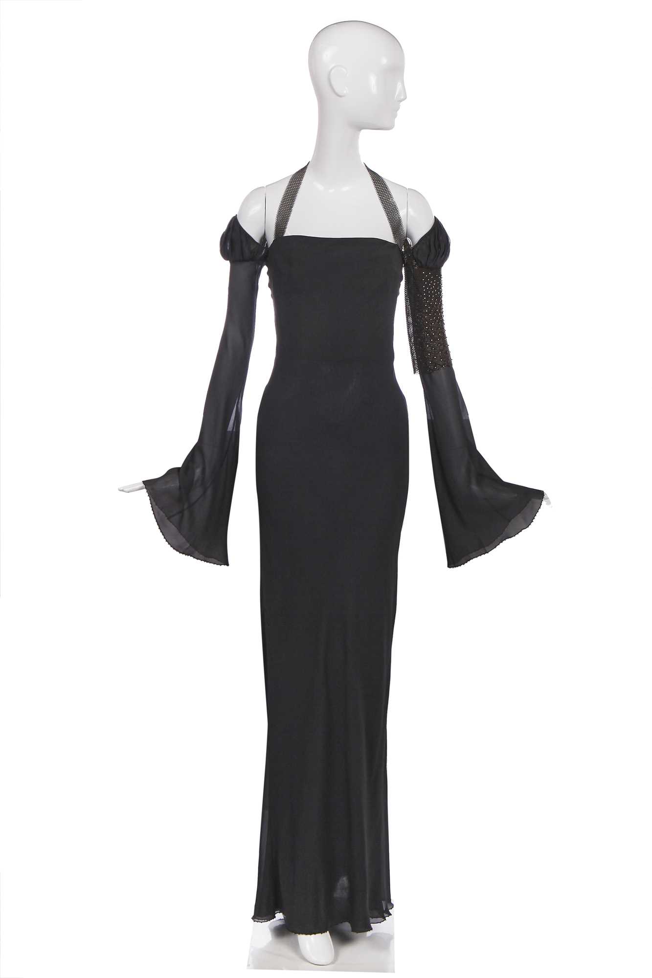 Lot 422 - A Versace couture grey chiffon evening gown, 'Medieval' collection, Autumn-Winter, 1998-99