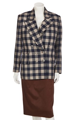 Lot 134 - An Hermès blue and beige checked wool double-breasted blazer, probably early 1990s