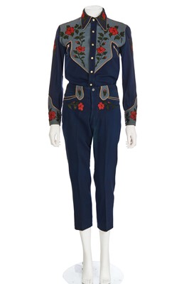 Lot 274 - A Fay Ward man's embroidered blue wool twill and denim shirt and trousers, 1950s