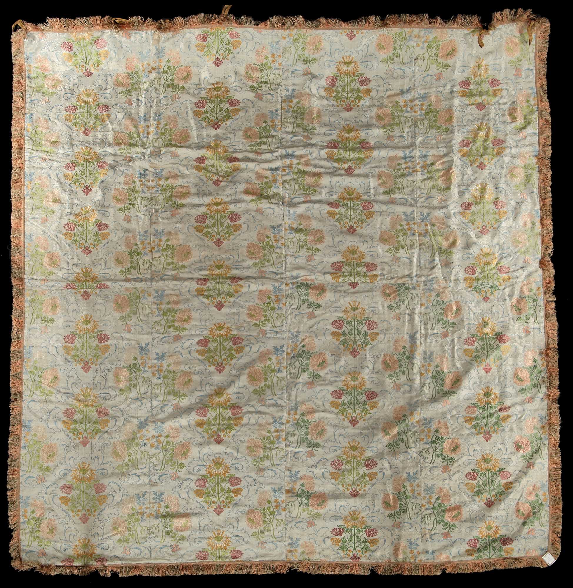 Lot 493 - A brocaded silk lampas coverlet, the silk Italian or French, first half 18th century