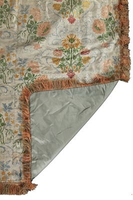 Lot 493 - A brocaded silk lampas coverlet, the silk Italian or French, first half 18th century