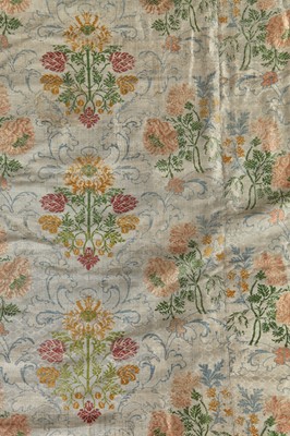 Lot 493 - A brocaded silk lampas coverlet, the silk Italian or French, first half 18th century