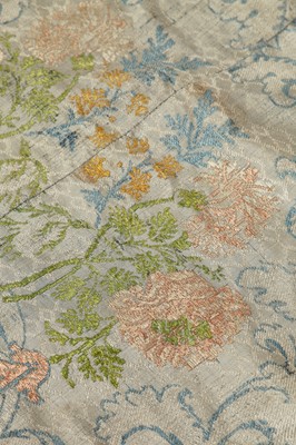 Lot 493 - A brocaded silk lampas coverlet, the silk Italian or French, first half 18th century