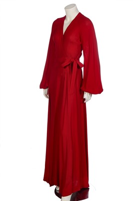 Lot 306 - An Ossie Clark red moss crêpe 'Cuddly' wrap-over dress, mid 1970s