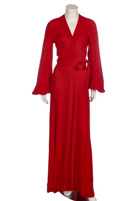 Lot 306 - An Ossie Clark red moss crêpe 'Cuddly' wrap-over dress, mid 1970s