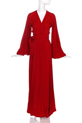 Lot 164 - An Ossie Clark red moss crêpe 'Cuddly' wrap-over dress, mid 1970s