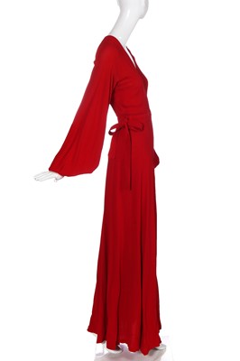 Lot 164 - An Ossie Clark red moss crêpe 'Cuddly' wrap-over dress, mid 1970s