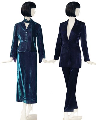 Lot 101 - Mystic Meg's bespoke Michèle Perretta changeant electric-blue suit, late 1990s