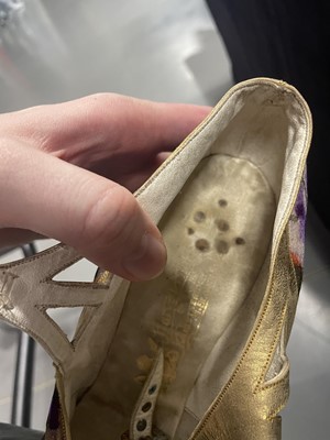 Lot 416 - A pair of Harvey Nichols floral lamé shoes, circa 1924