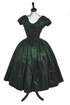 Lot 108 - A Christian Dior London shot-green taffeta evening gown, circa 1955