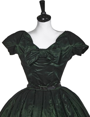 Lot 108 - A Christian Dior London shot-green taffeta evening gown, circa 1955