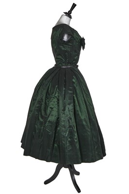 Lot 108 - A Christian Dior London shot-green taffeta evening gown, circa 1955