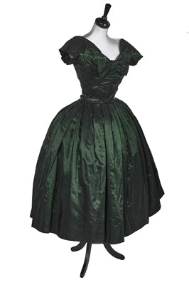 Lot 108 - A Christian Dior London shot-green taffeta evening gown, circa 1955