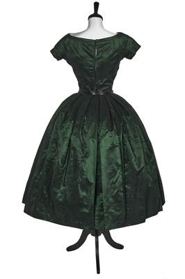 Lot 108 - A Christian Dior London shot-green taffeta evening gown, circa 1955