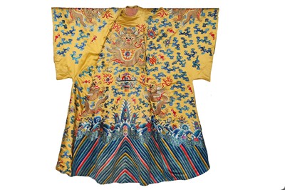 Lot 522 - An embroidered yellow satin dragon robe, Chinese for the Western market, early to mid-20th Century